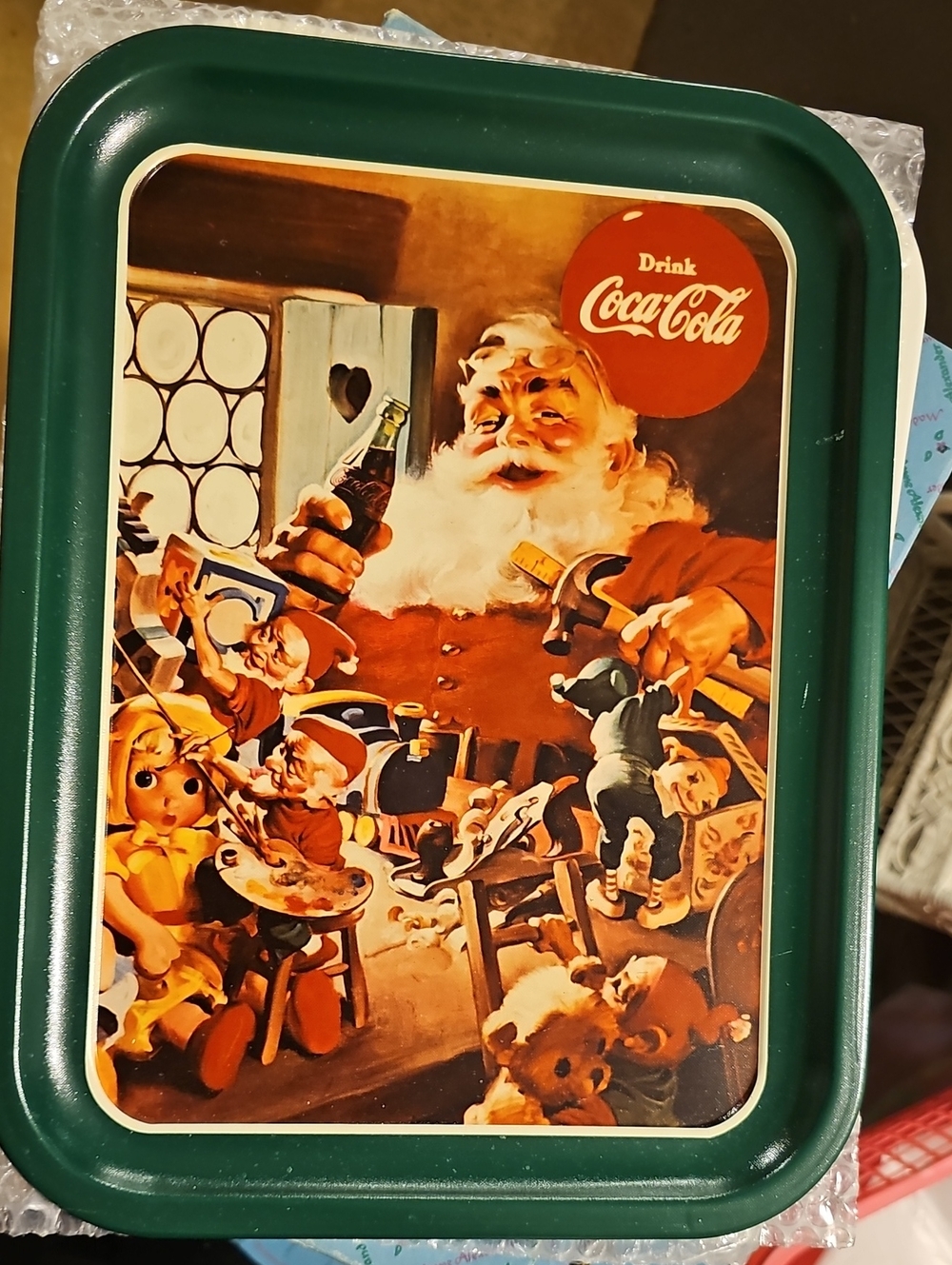 1992 Coca-Cola Santa Toyshop Tray with Deep Green Border